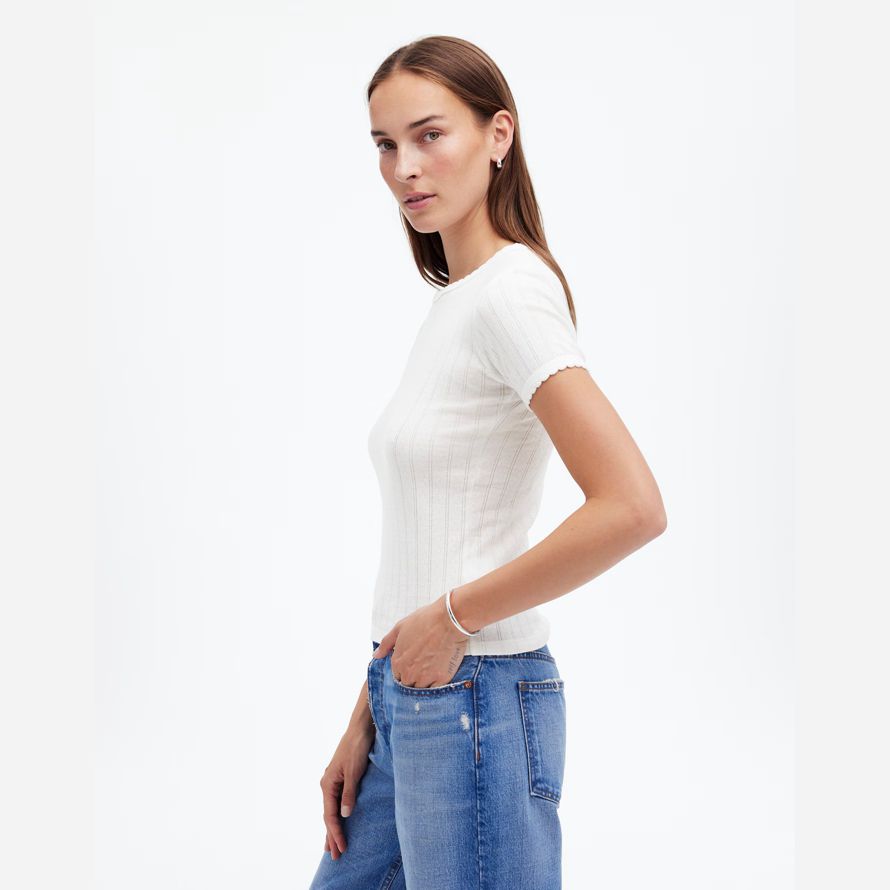 white womens madewell leset pointelle slim-fit t-shirts
