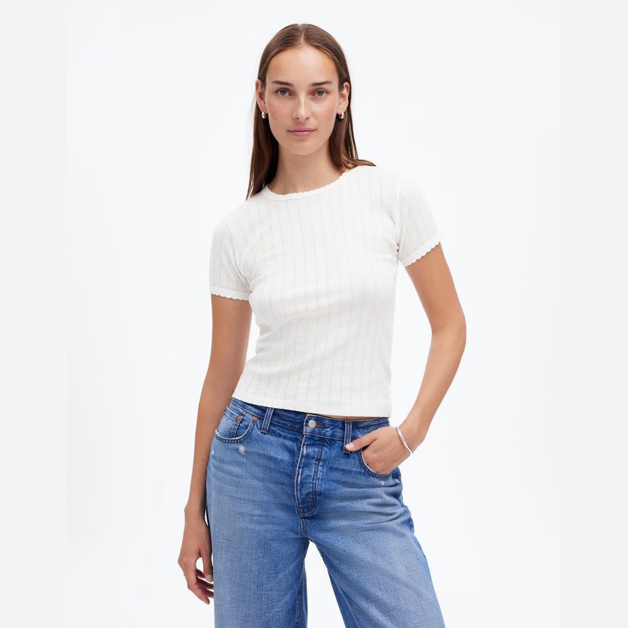white womens madewell leset pointelle slim-fit t-shirts