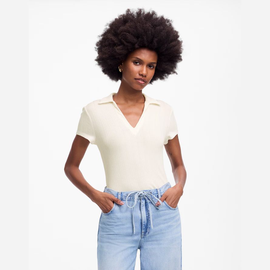 womens madewell ribbed v-neck polo t-shirts cream