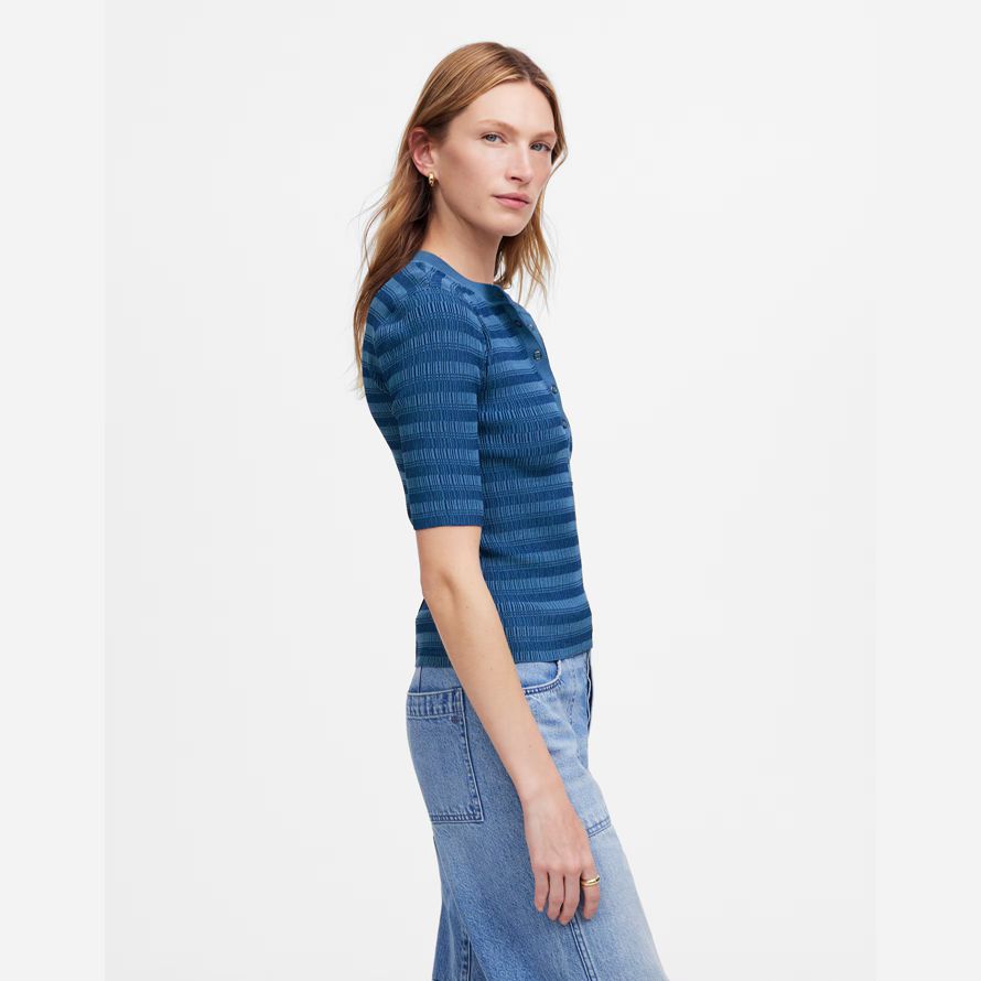 blue womens madewell henley sweater stripe t-shirts