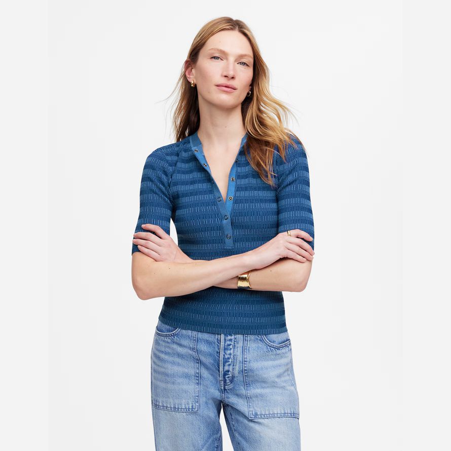 blue womens madewell henley sweater stripe t-shirts