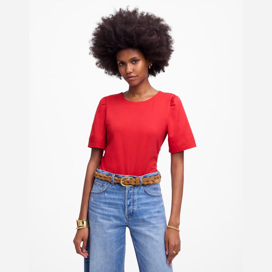 red madewell side-cinch puff-sleeve womens t-shirts
