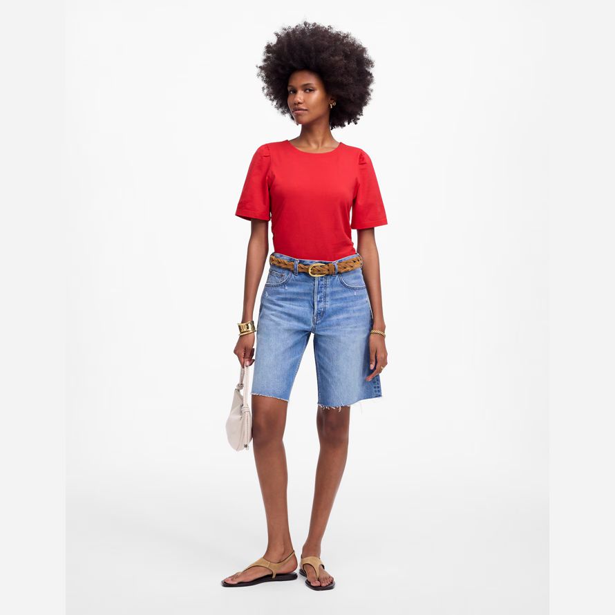 red madewell side-cinch puff-sleeve womens t-shirts