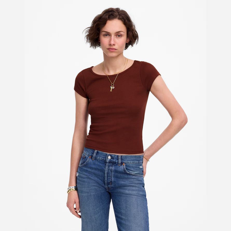 chocolate womens madewell regenerative cotton ribbed cap-sleeve t-shirts