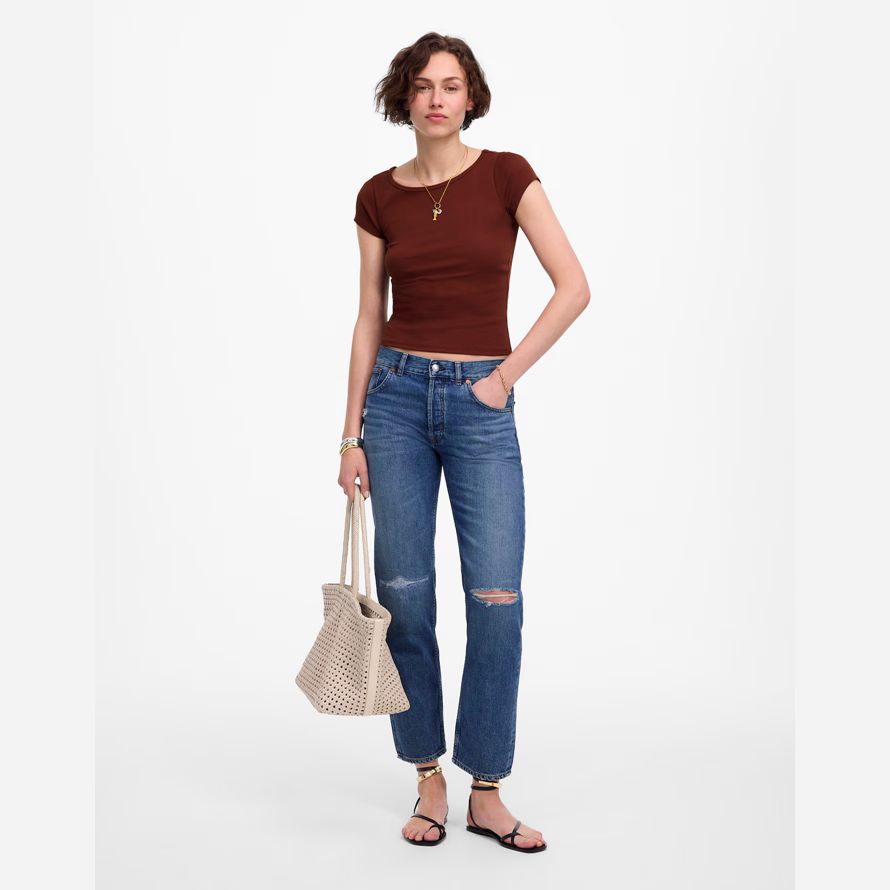 chocolate womens madewell regenerative cotton ribbed cap-sleeve t-shirts