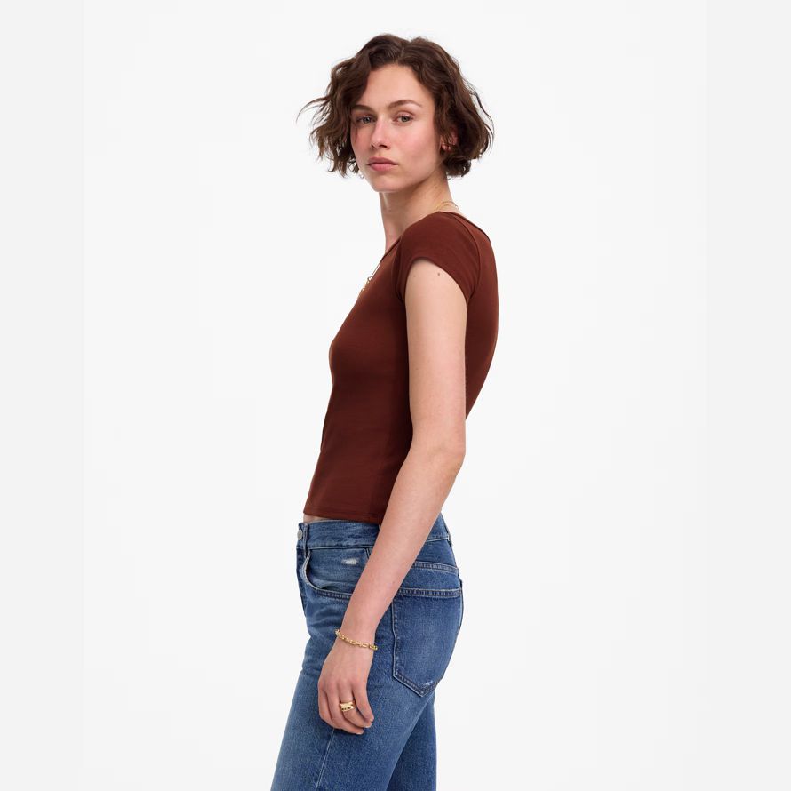 chocolate womens madewell regenerative cotton ribbed cap-sleeve t-shirts
