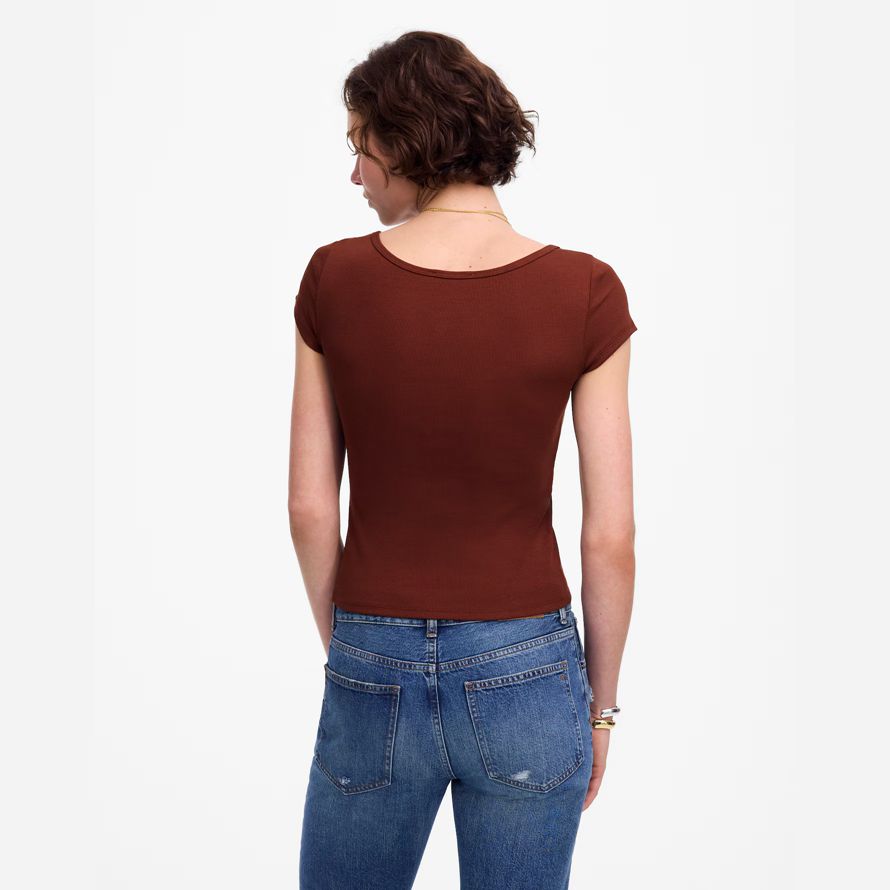 chocolate womens madewell regenerative cotton ribbed cap-sleeve t-shirts