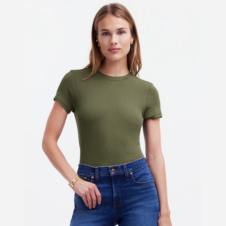 womens madewell regenerative cotton ribbed crewneck t-shirts olive