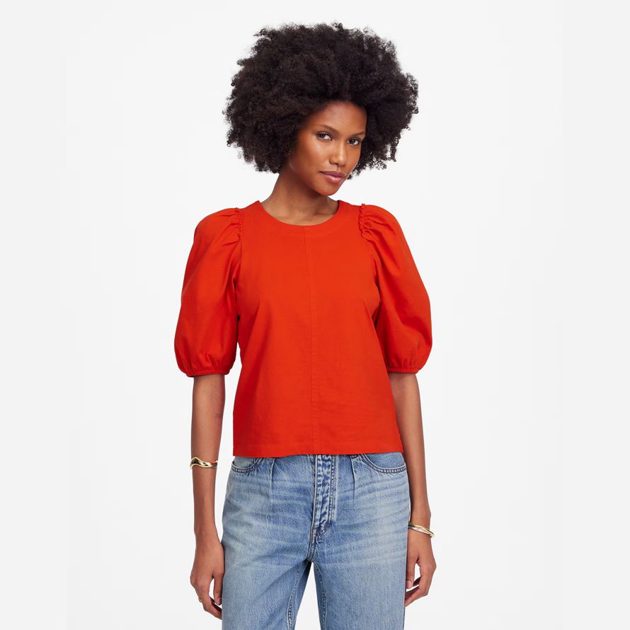 red womens madewell puff-sleeve t-shirts