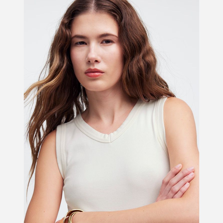 womens madewell regenerative cotton ribbed high v-neck tank white