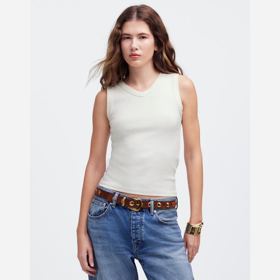 womens madewell regenerative cotton ribbed high v-neck tank white