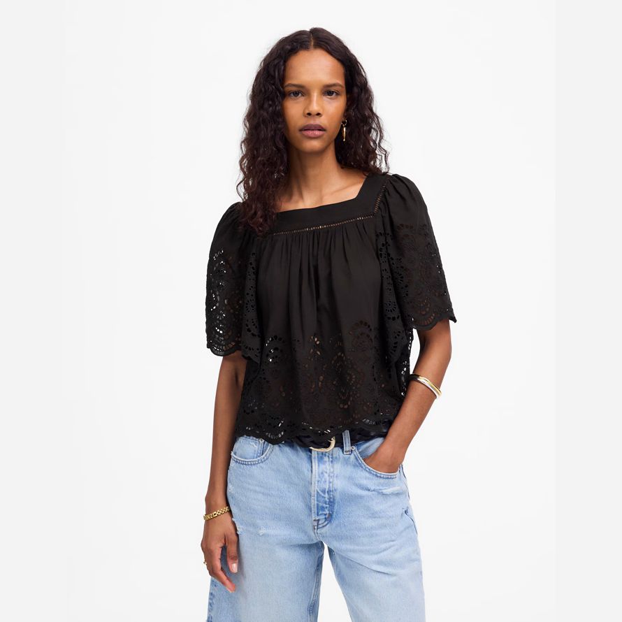 black madewell eyelet flutter-sleeve womens top
