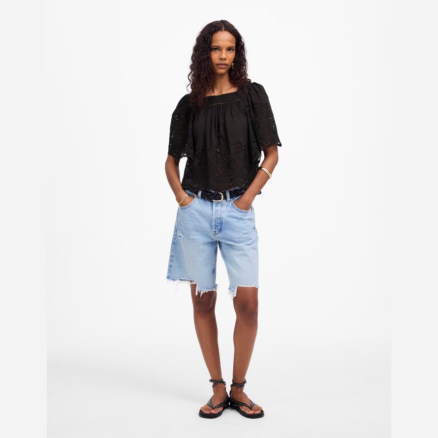 black madewell eyelet flutter-sleeve womens top
