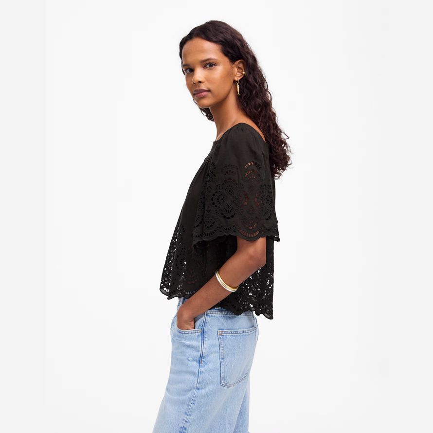 black madewell eyelet flutter-sleeve womens top