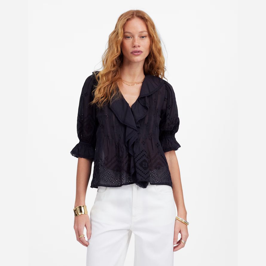 black womens madewell ruffled puff-sleeve top