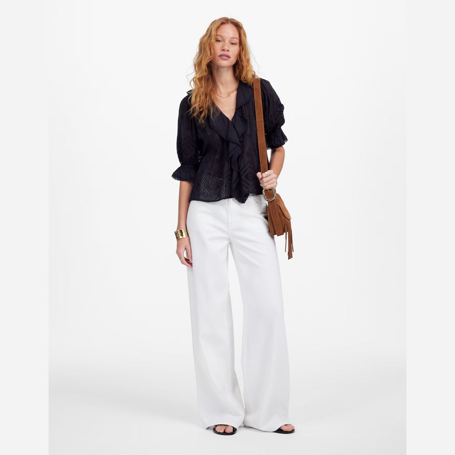 black womens madewell ruffled puff-sleeve top