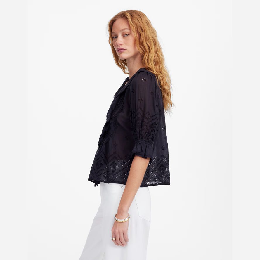 black womens madewell ruffled puff-sleeve top