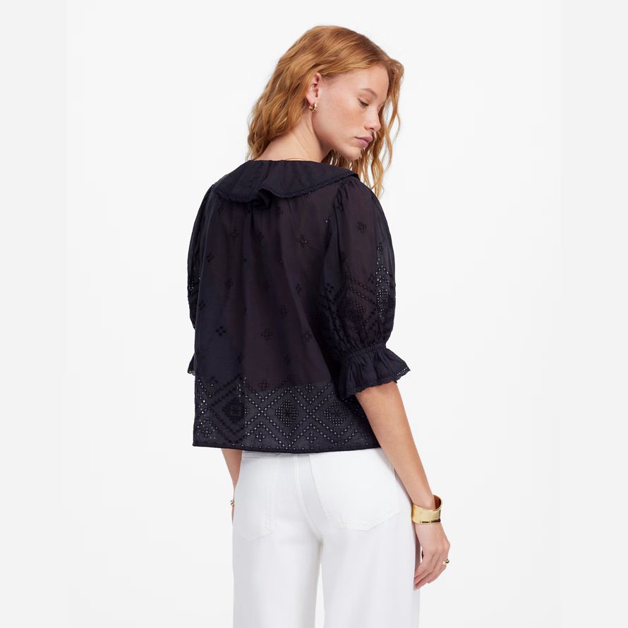 black womens madewell ruffled puff-sleeve top