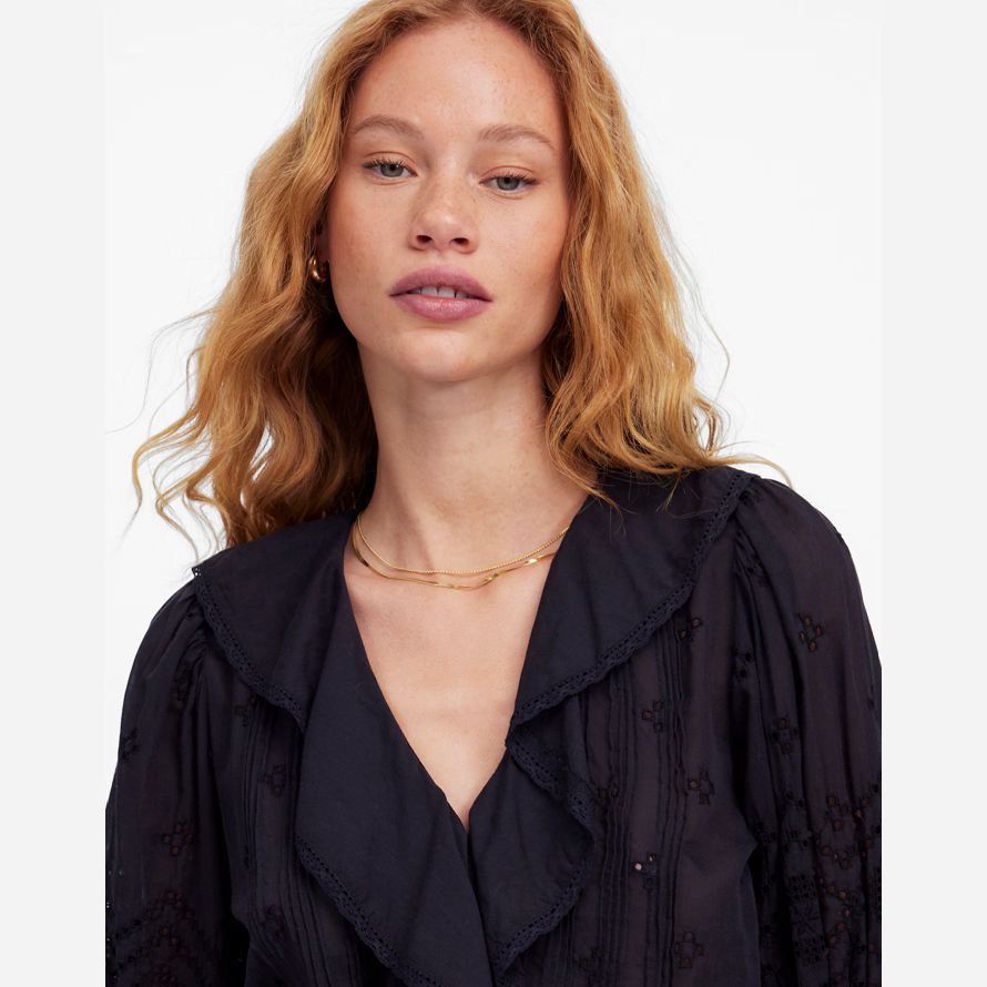 black womens madewell ruffled puff-sleeve top