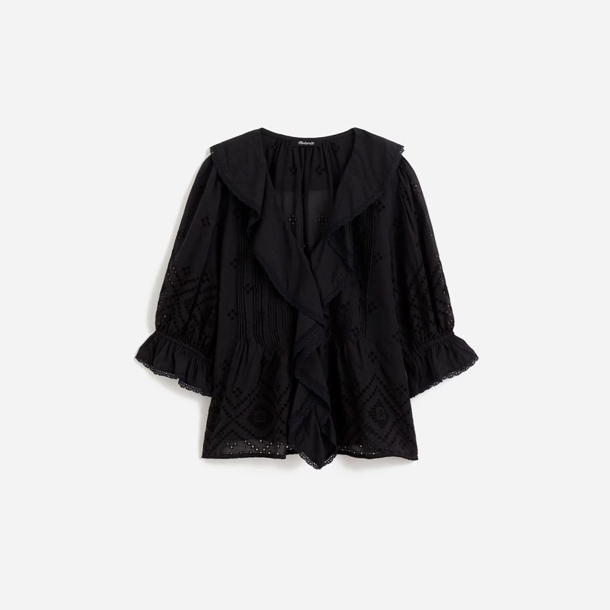 black womens madewell ruffled puff-sleeve top