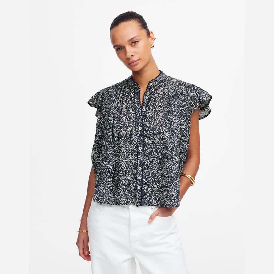 madewell shirred lace-trim womens top navy white