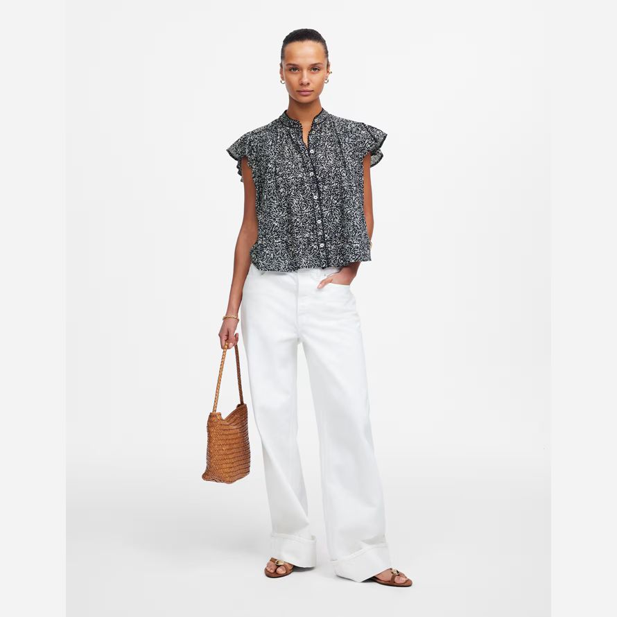 madewell shirred lace-trim womens top navy white