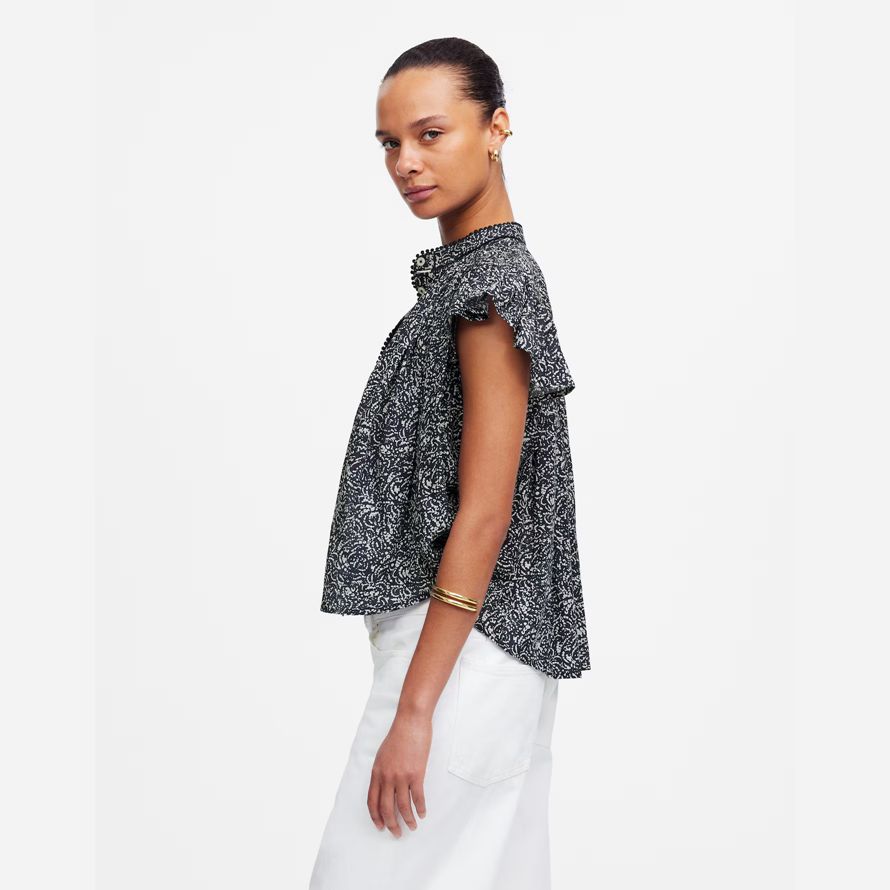 madewell shirred lace-trim womens top navy white