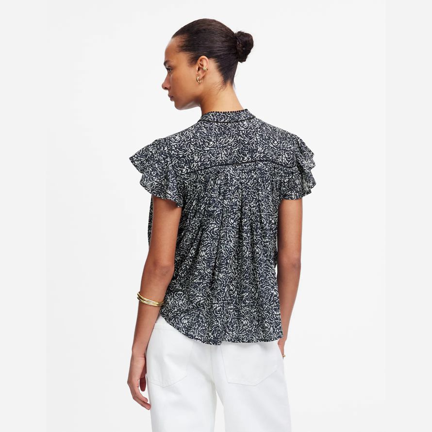 madewell shirred lace-trim womens top navy white