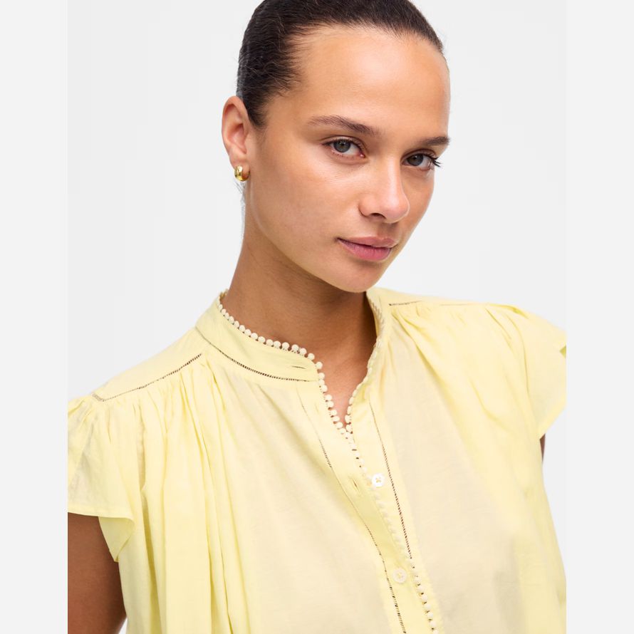 yellow womens madewell shirred lace-trim top