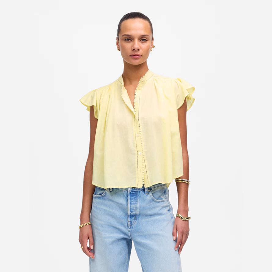 yellow womens madewell shirred lace-trim top