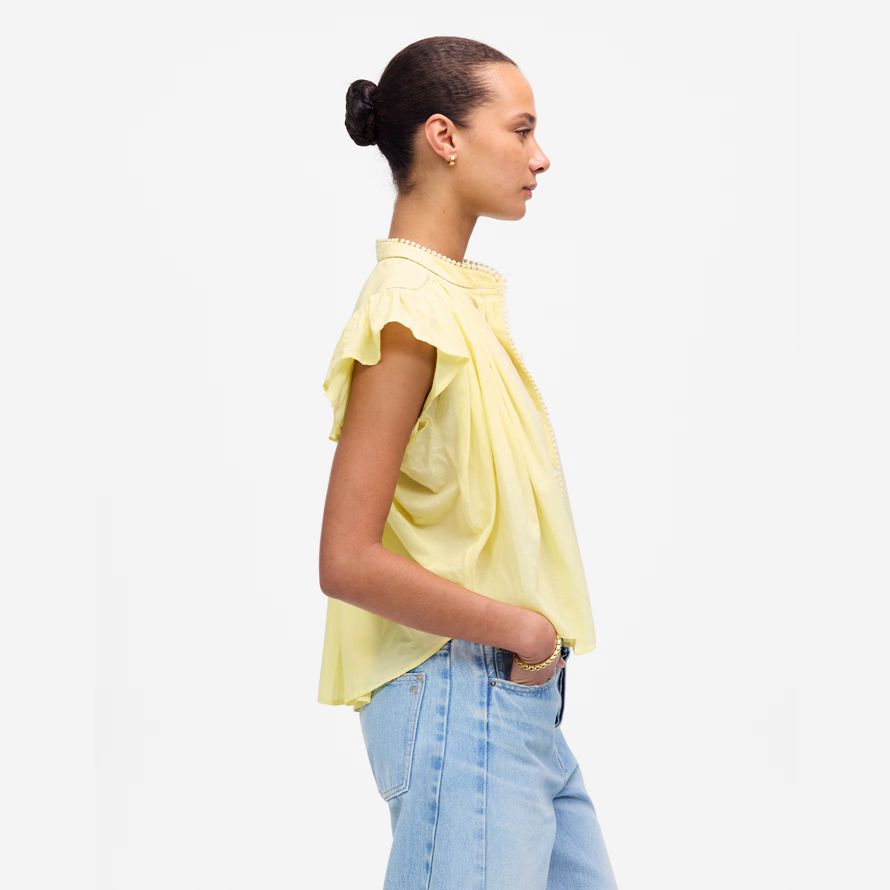 yellow womens madewell shirred lace-trim top