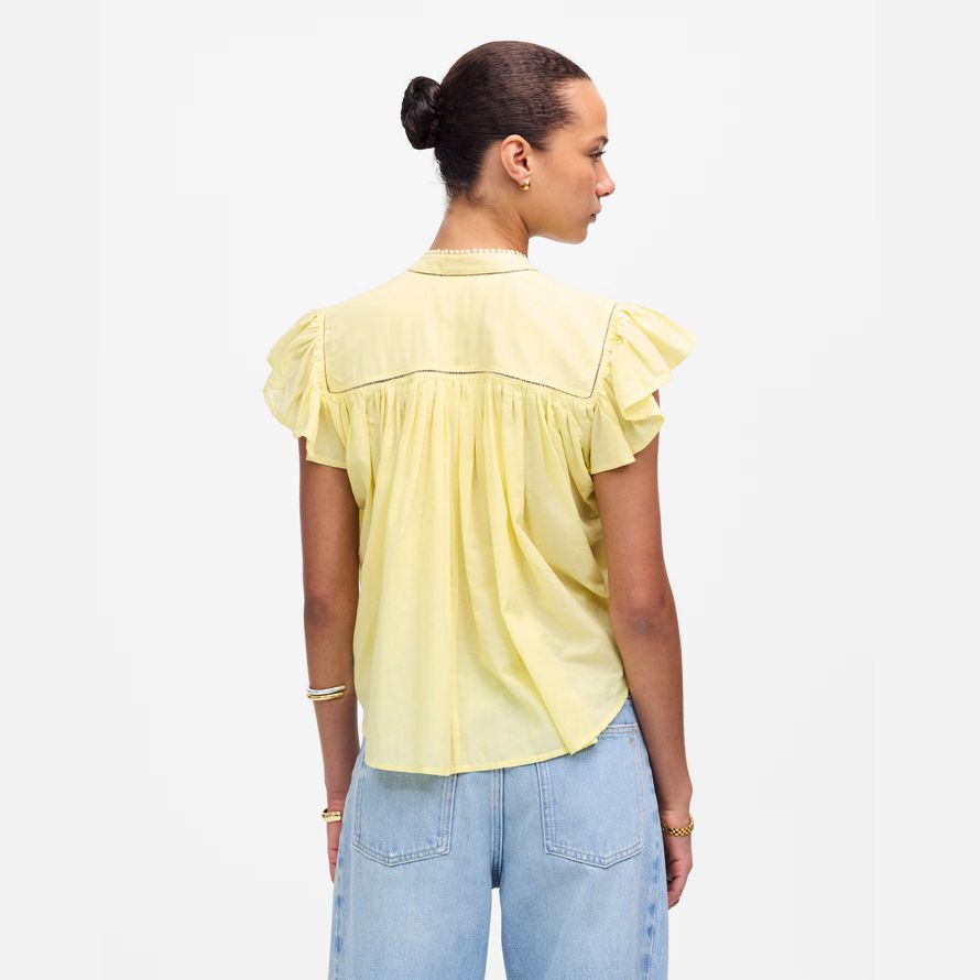 yellow womens madewell shirred lace-trim top