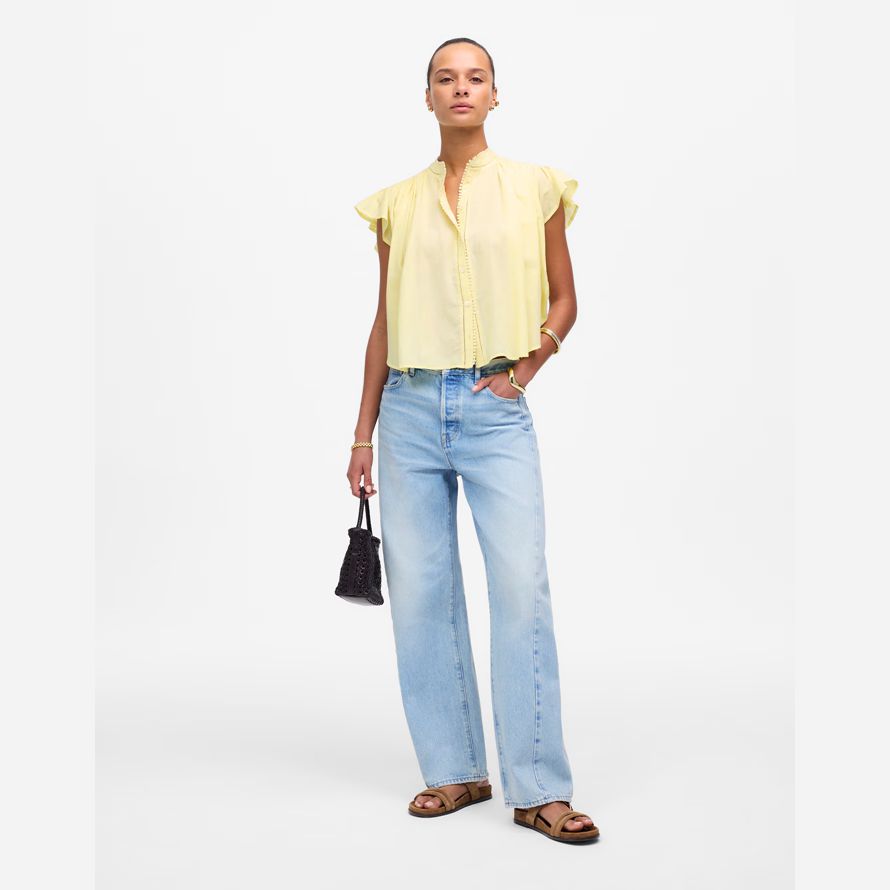 yellow womens madewell shirred lace-trim top
