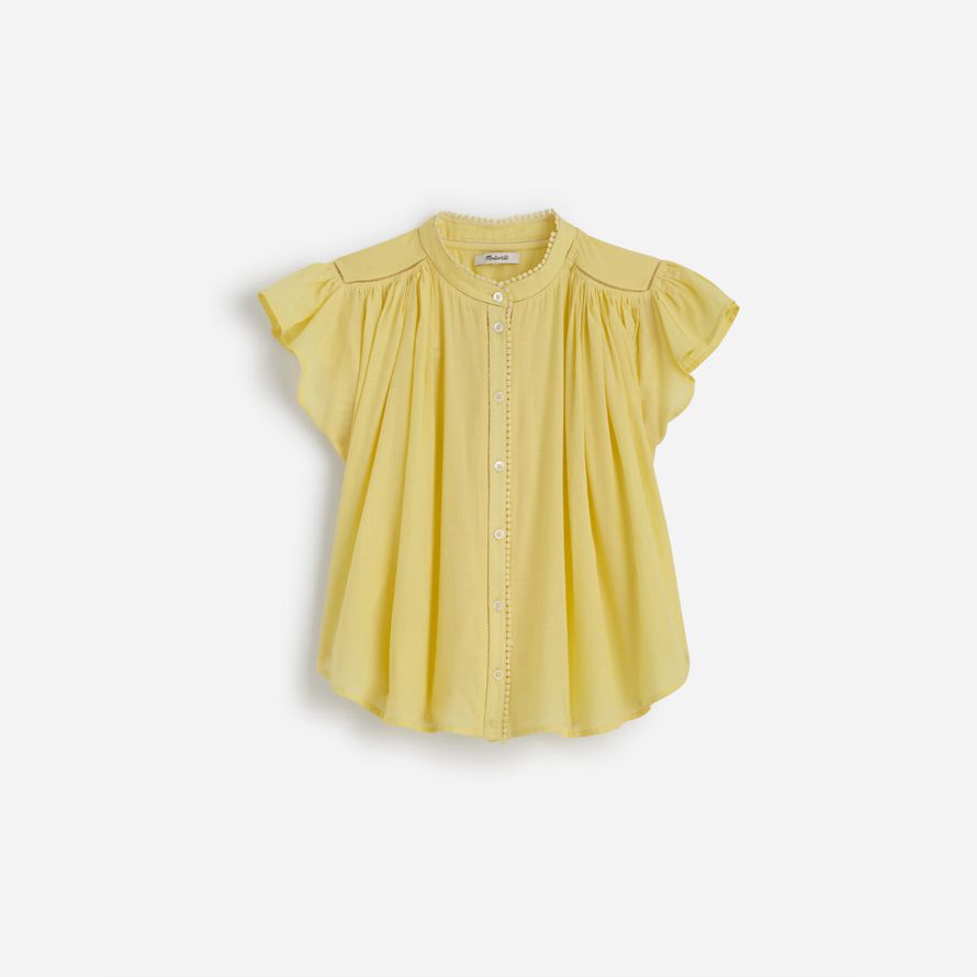 yellow womens madewell shirred lace-trim top