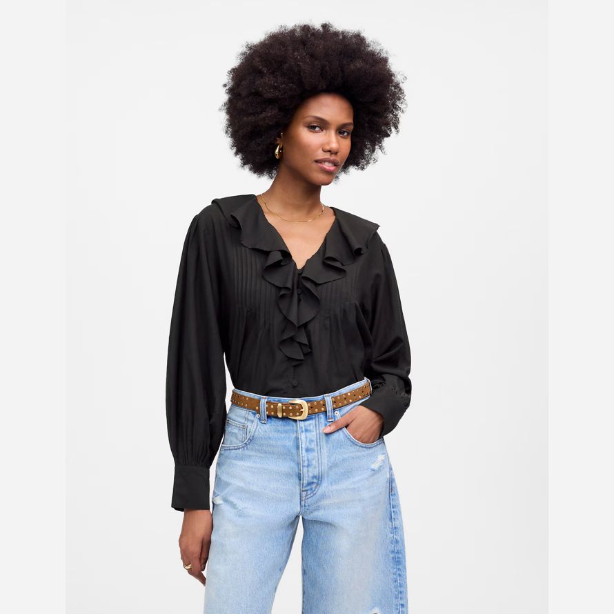 black madewell ruffled pintucked long-sleeve womens top