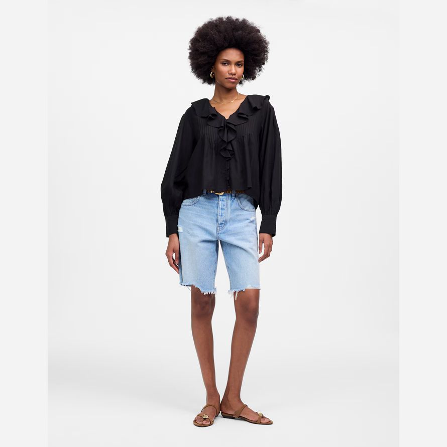black madewell ruffled pintucked long-sleeve womens top