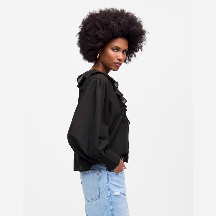 black madewell ruffled pintucked long-sleeve womens top