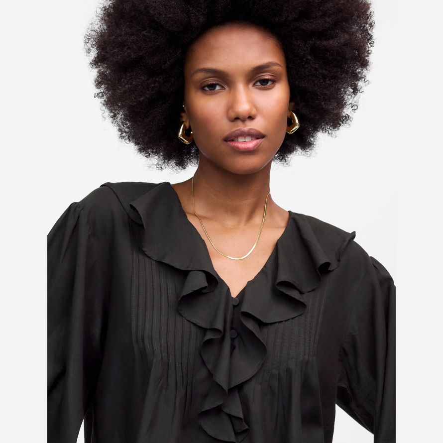 black madewell ruffled pintucked long-sleeve womens top