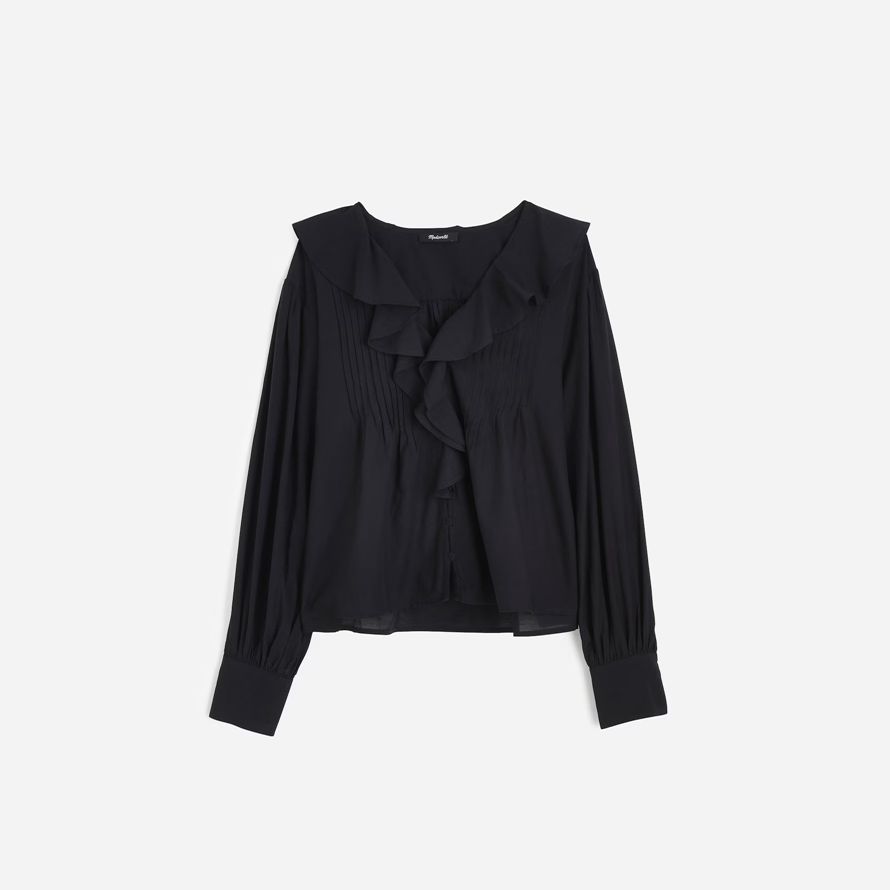 black madewell ruffled pintucked long-sleeve womens top