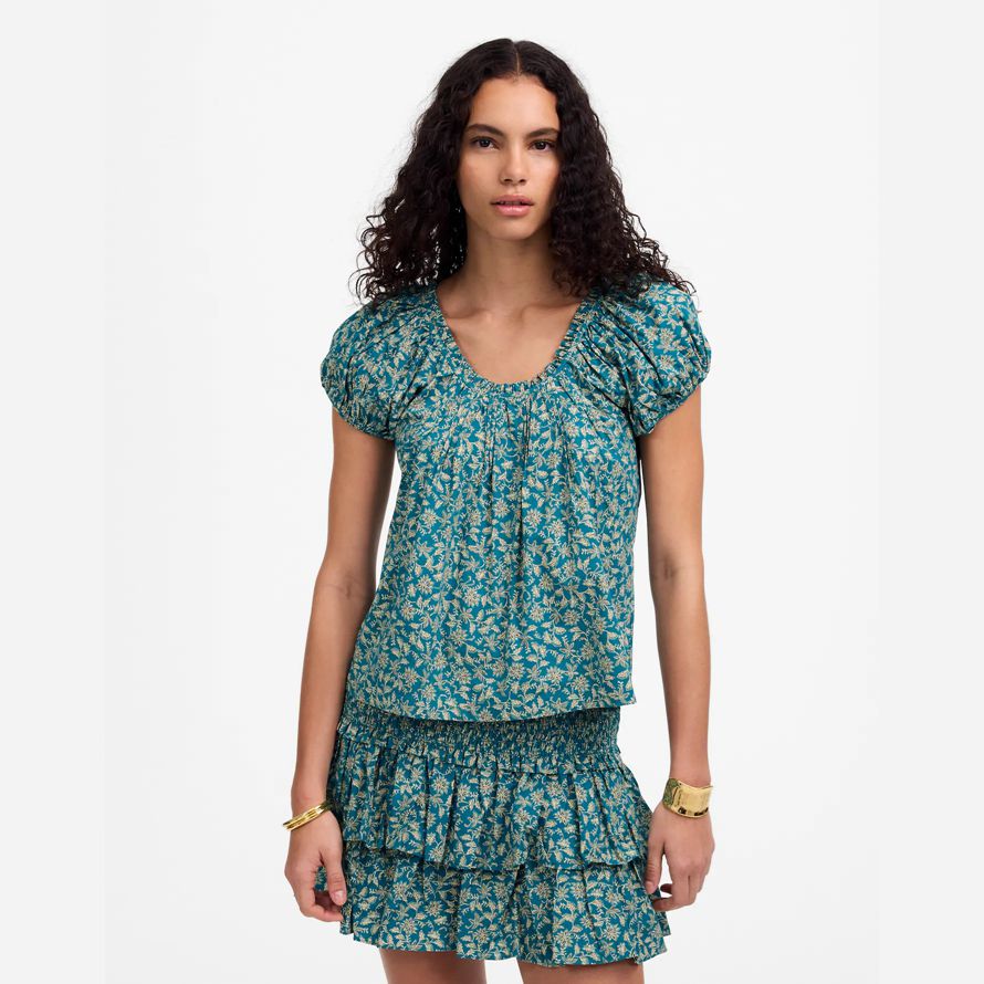 womens madewell scoopneck puff-sleeve top turquoise cream