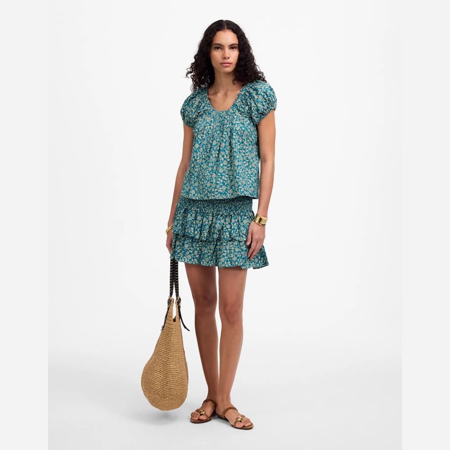 womens madewell scoopneck puff-sleeve top turquoise cream