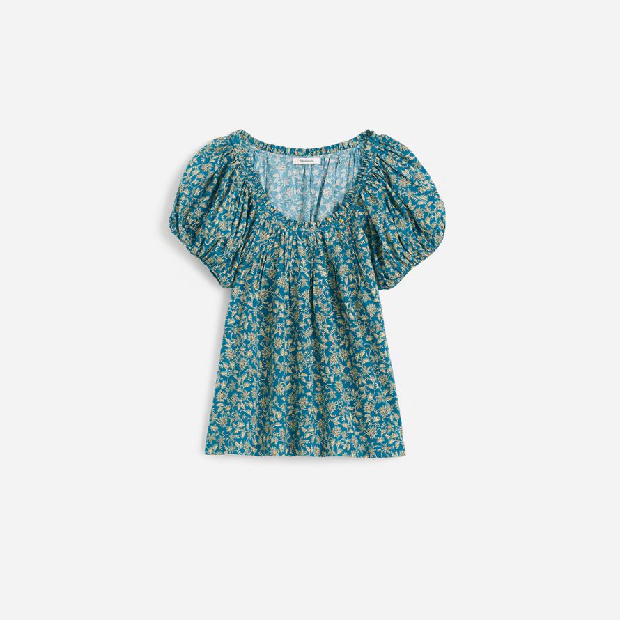 womens madewell scoopneck puff-sleeve top turquoise cream