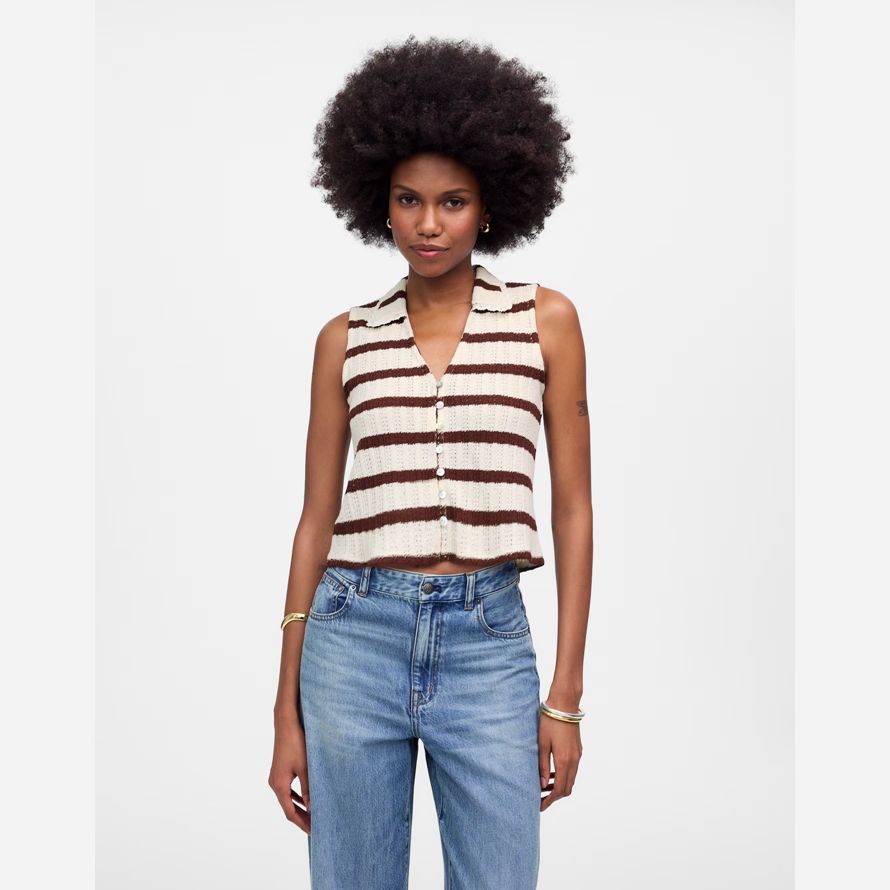 chocolate beige womens madewell crochet-knit v-neck sweater vest