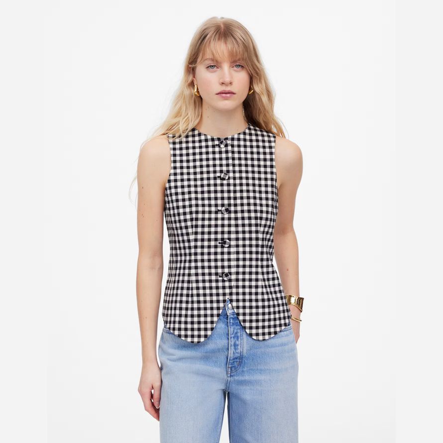 black white madewell single-breasted crewneck womens vest