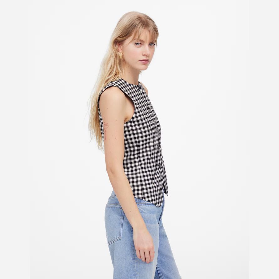 black white madewell single-breasted crewneck womens vest